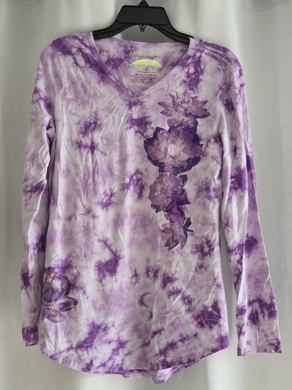 Earth Yoga Purple Tie Dye Long Sleeve Floral Graphic Top Size Large Sustainable